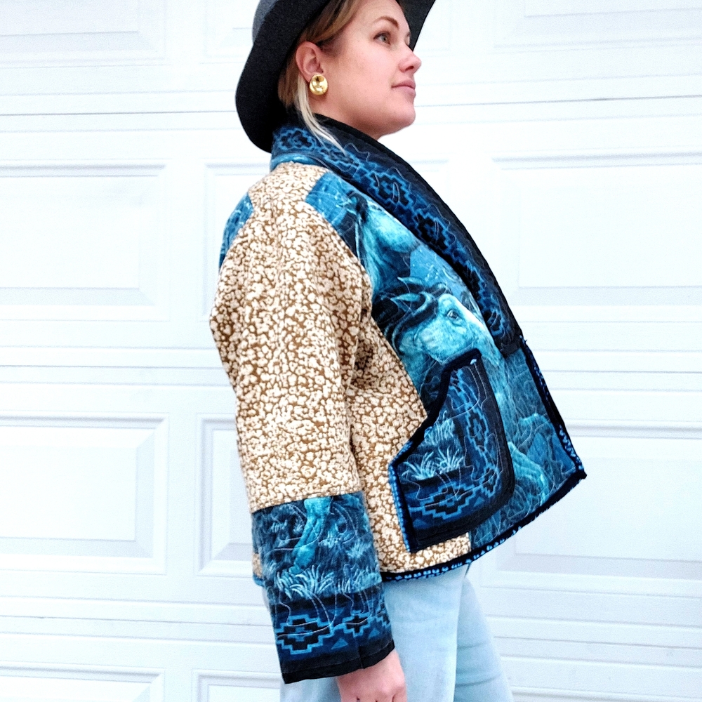 Handmade Stylish Quilted Blue Horse and Tan Jean Jacket